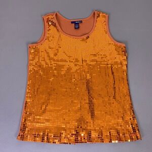 Denim 24/7 Tank Top Womens Size 1X Orange Sequin Front Ribbed Scoop Neck Sparkly